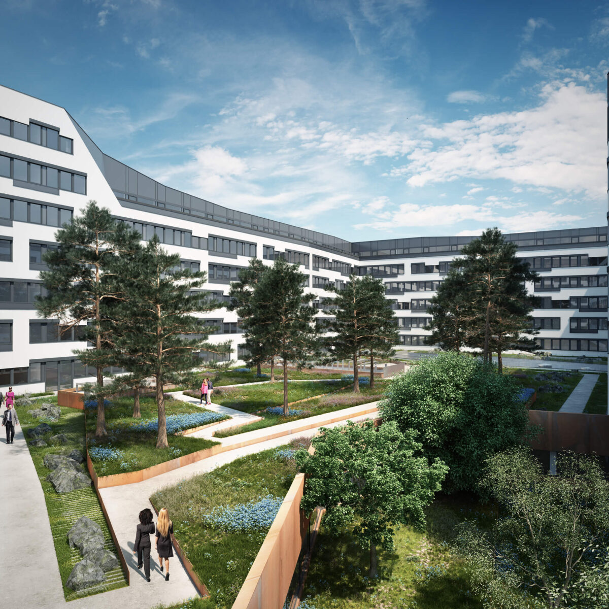 Vienna Woods inspired greenery in the courtyards of UniCredit Campus Bank Austria in Vienna, by LAND Germany