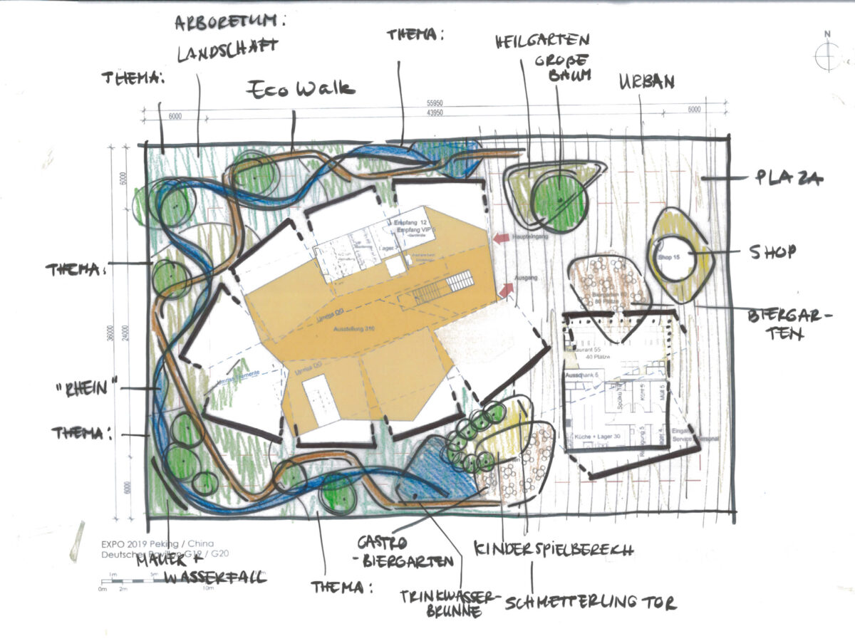 Elaborate sketch of the German Pavilion site plan at the 2019 Horticultural Expo in Beijing