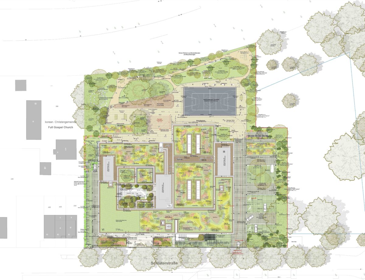 final site plan for the Thomas Edison school in Dusseldorf, with focus on the green outdoor areas