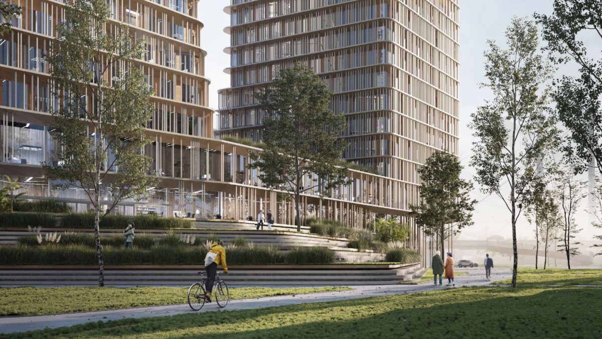 H5 NRW Landesregierung building in Duesseldorf with layered landscape terraces in the forefront in a rendered visualisation by Gina Barcelona Architects