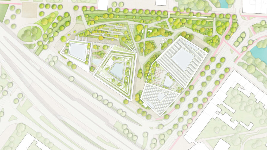 A site plan of the new North Rhine-Westphalia regional headquarter, drawn by LAND
