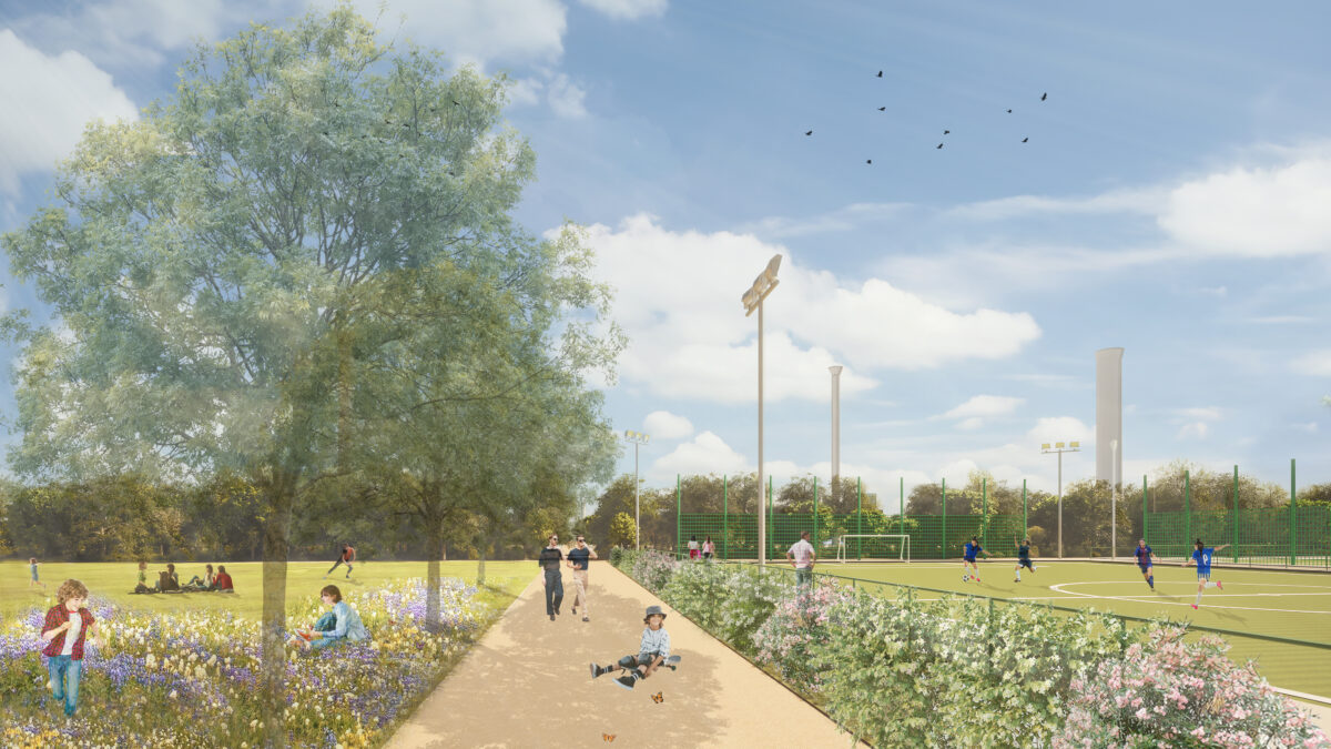 a rendering of a meadow and a path with people