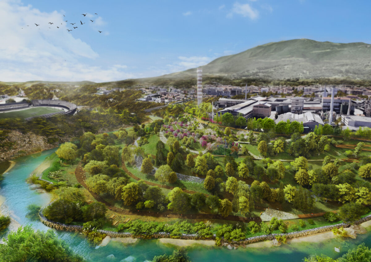 rendering of a park along a river