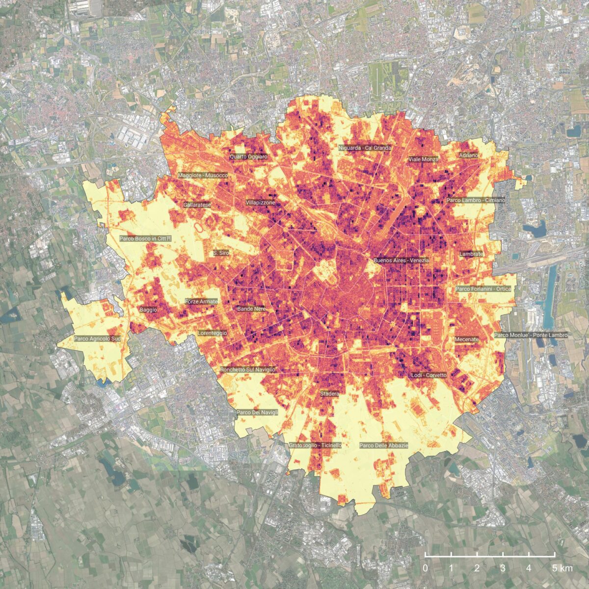 Milan case study from the UrbAlytics project: Heat wave potential risk index at urban scale