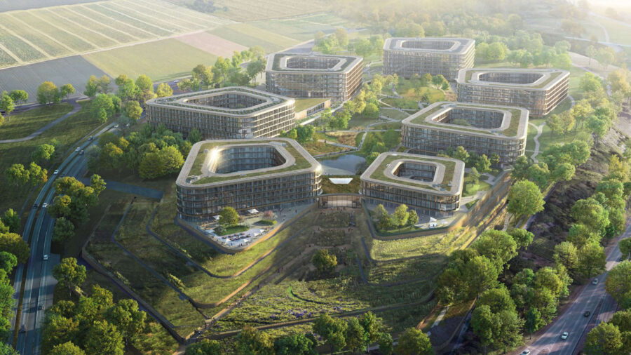 Render visualisation by bloomimages of the SPC Schwarz Project Campus aerial view with buildings and lush green landscape surroundings