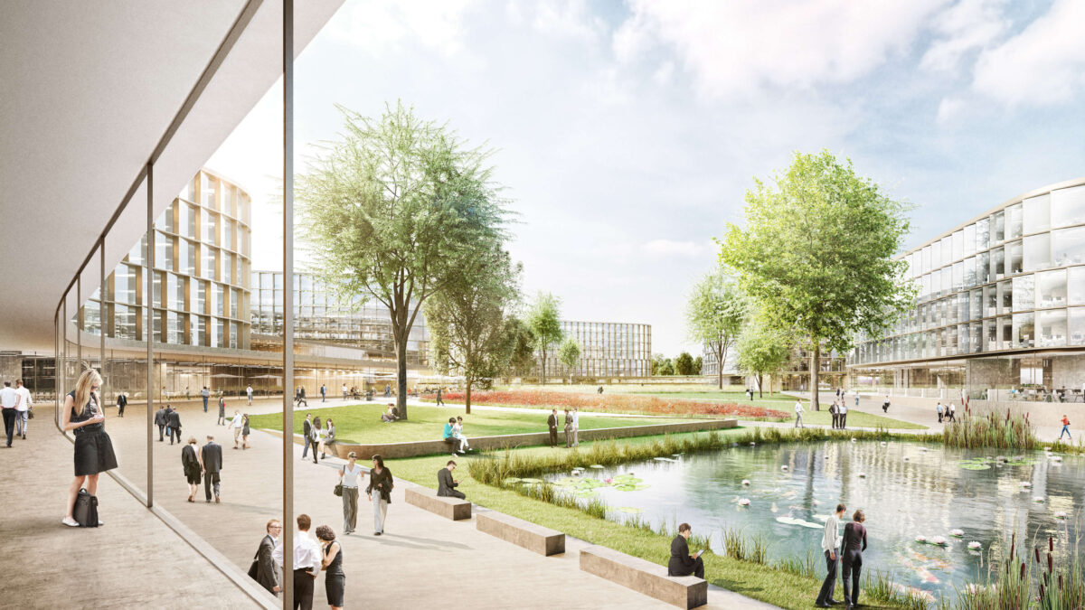 Render visualisation by bloomimages of the SPC Schwarz Project Campus green center square with lake and people.
