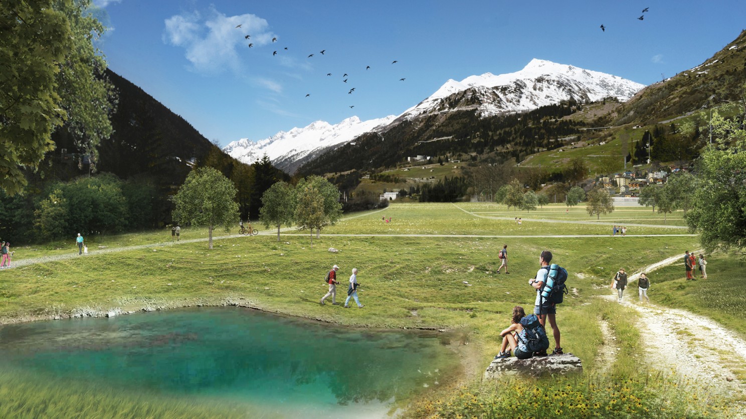 Mountains, a pond and wanderers