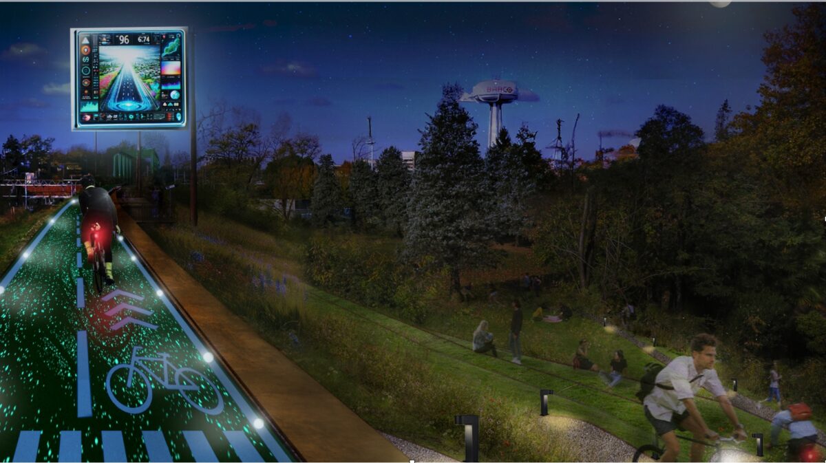 the cycle path by night with illumination in the pavement