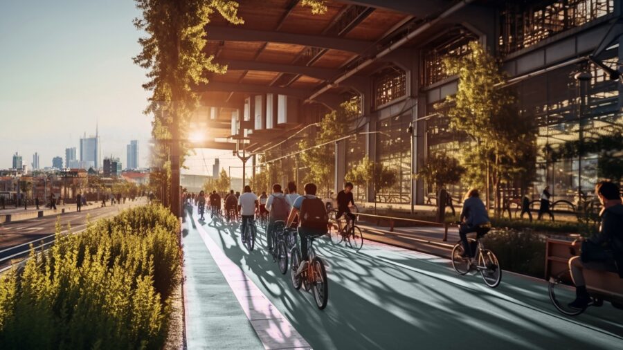 people cycling on a cylcepath shaded by pergolas