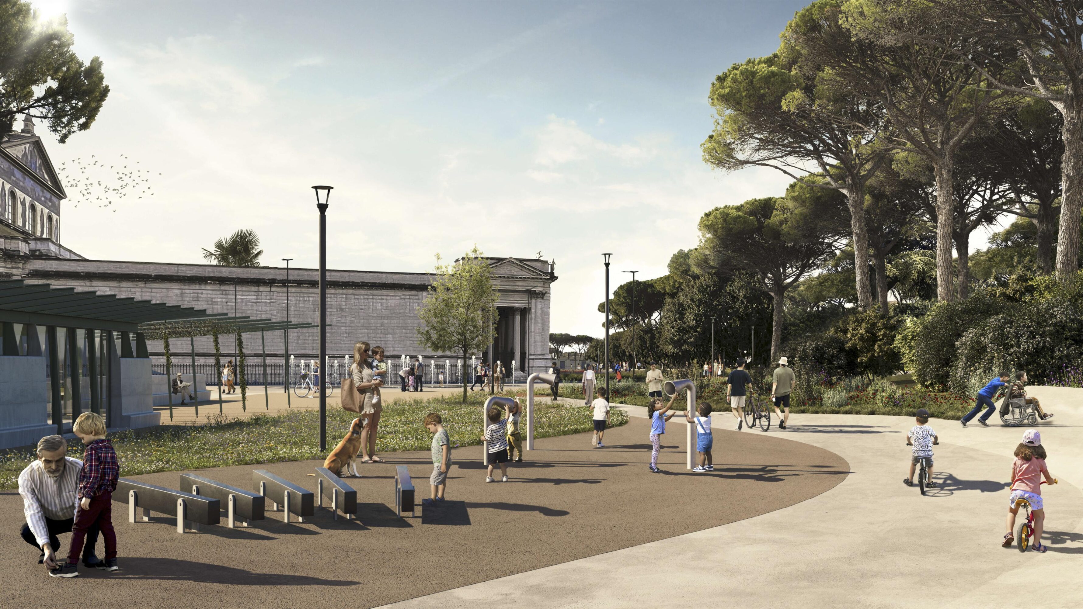 playground with cluster pines, church in the background