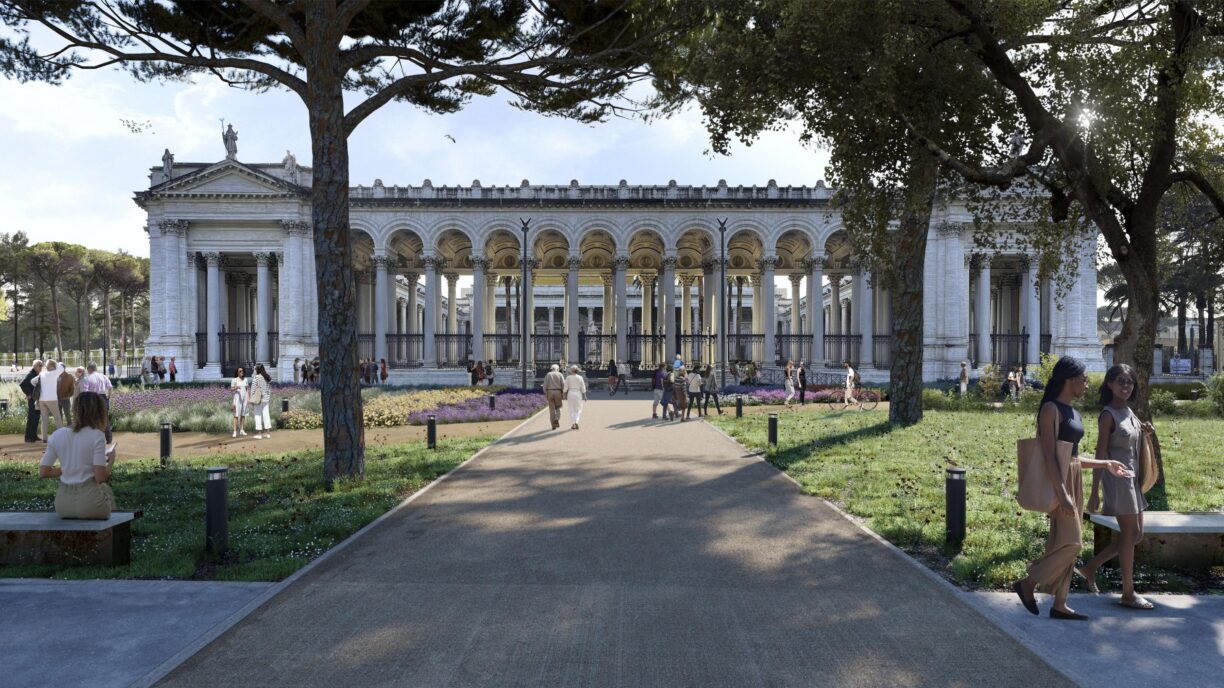 A plaza with a church in the background, people around, cluster pine trees