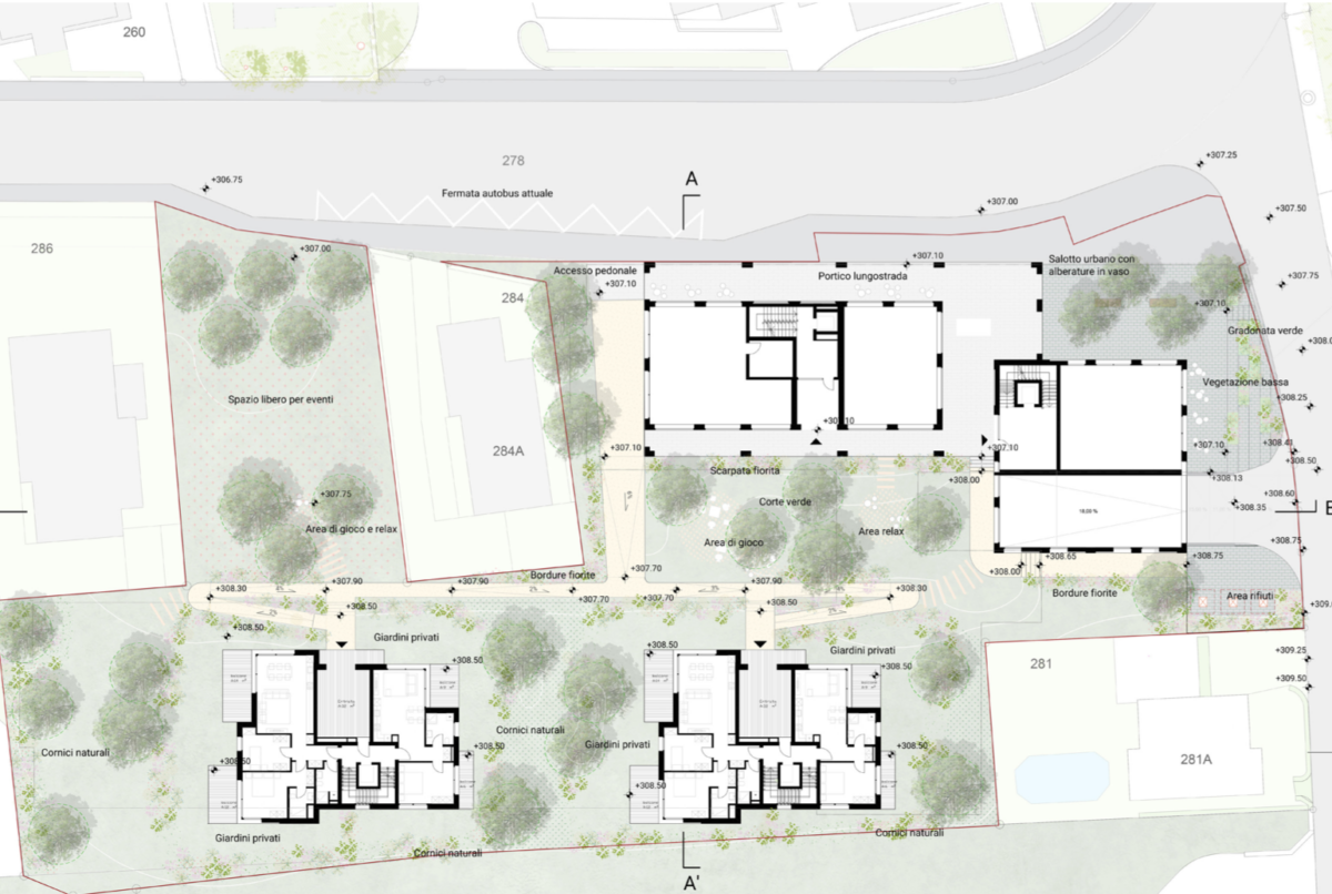 layout of the intervention by LAND and Artisa group with dimensions, various areas and connection with the street
