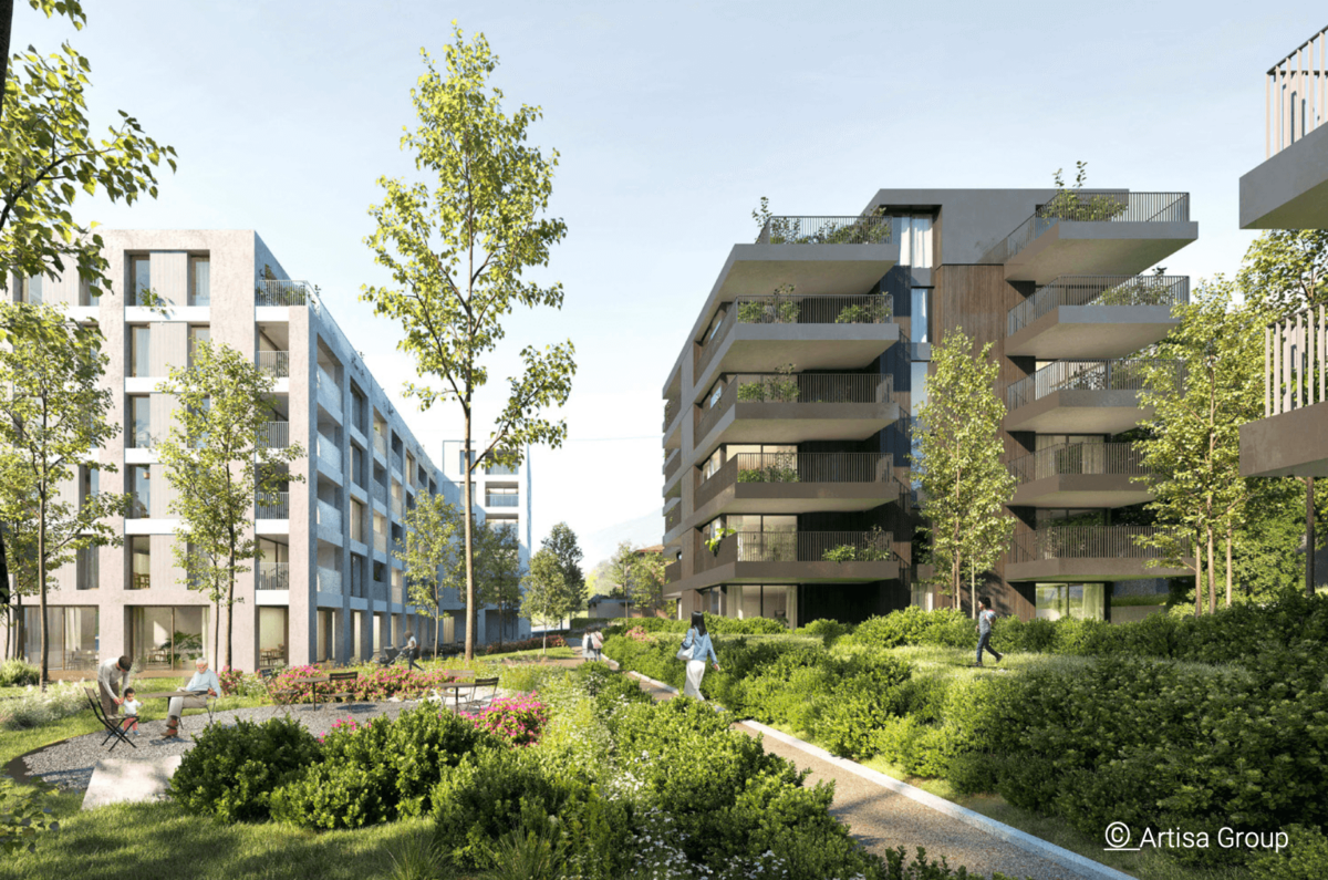 render with pathway, trees and shrubs in a residential complex