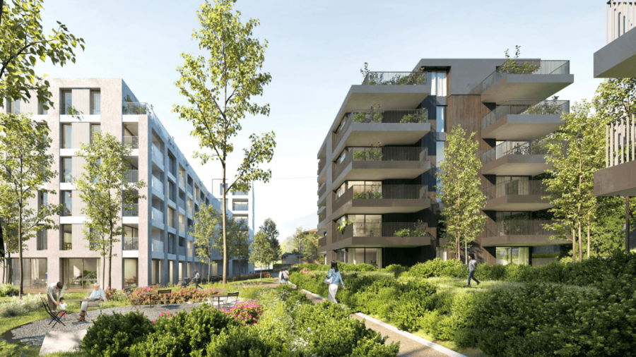 render with pathway, trees and shrubs in a residential complex