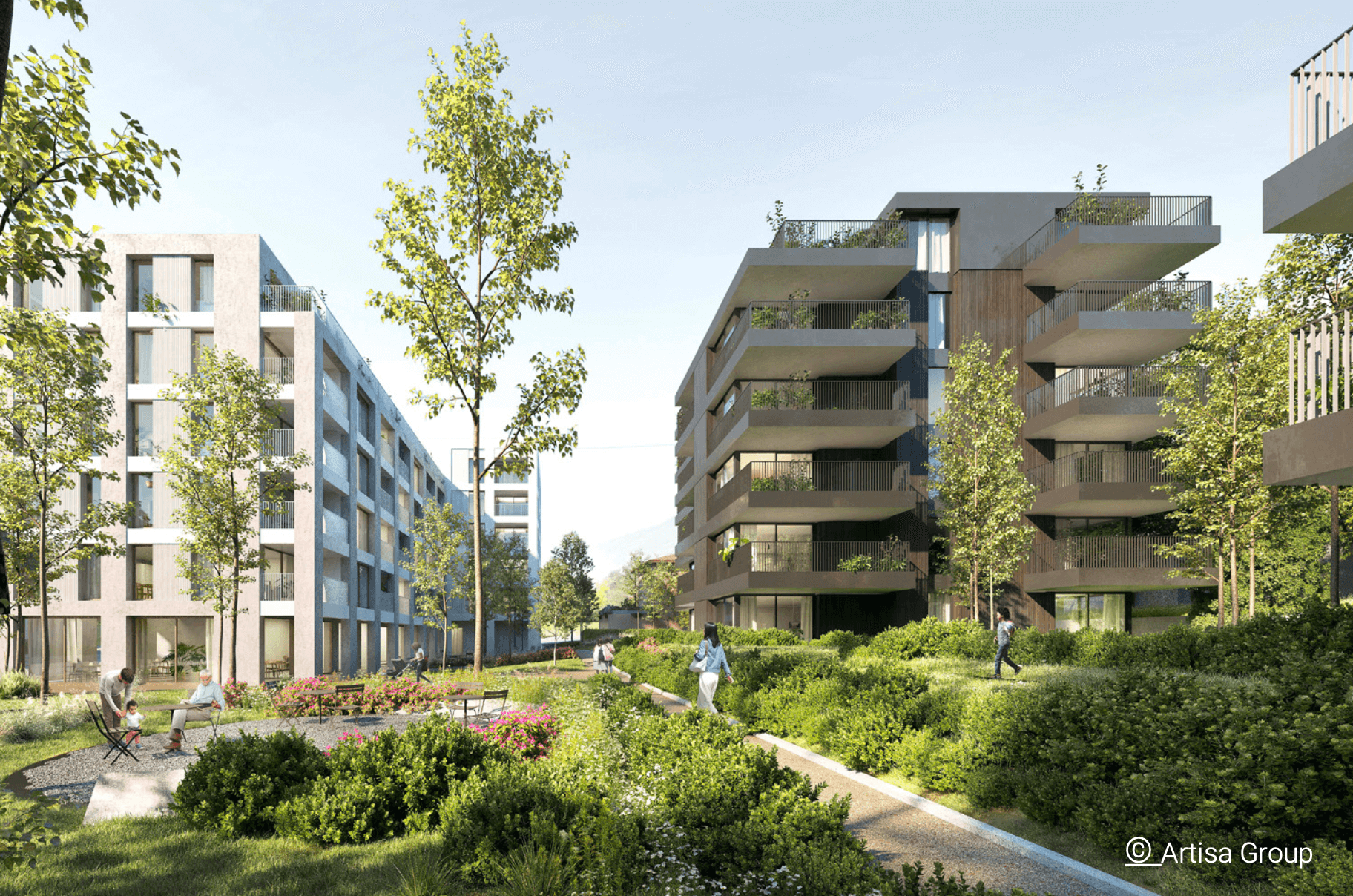 render with pathway, trees and shrubs in a residential complex