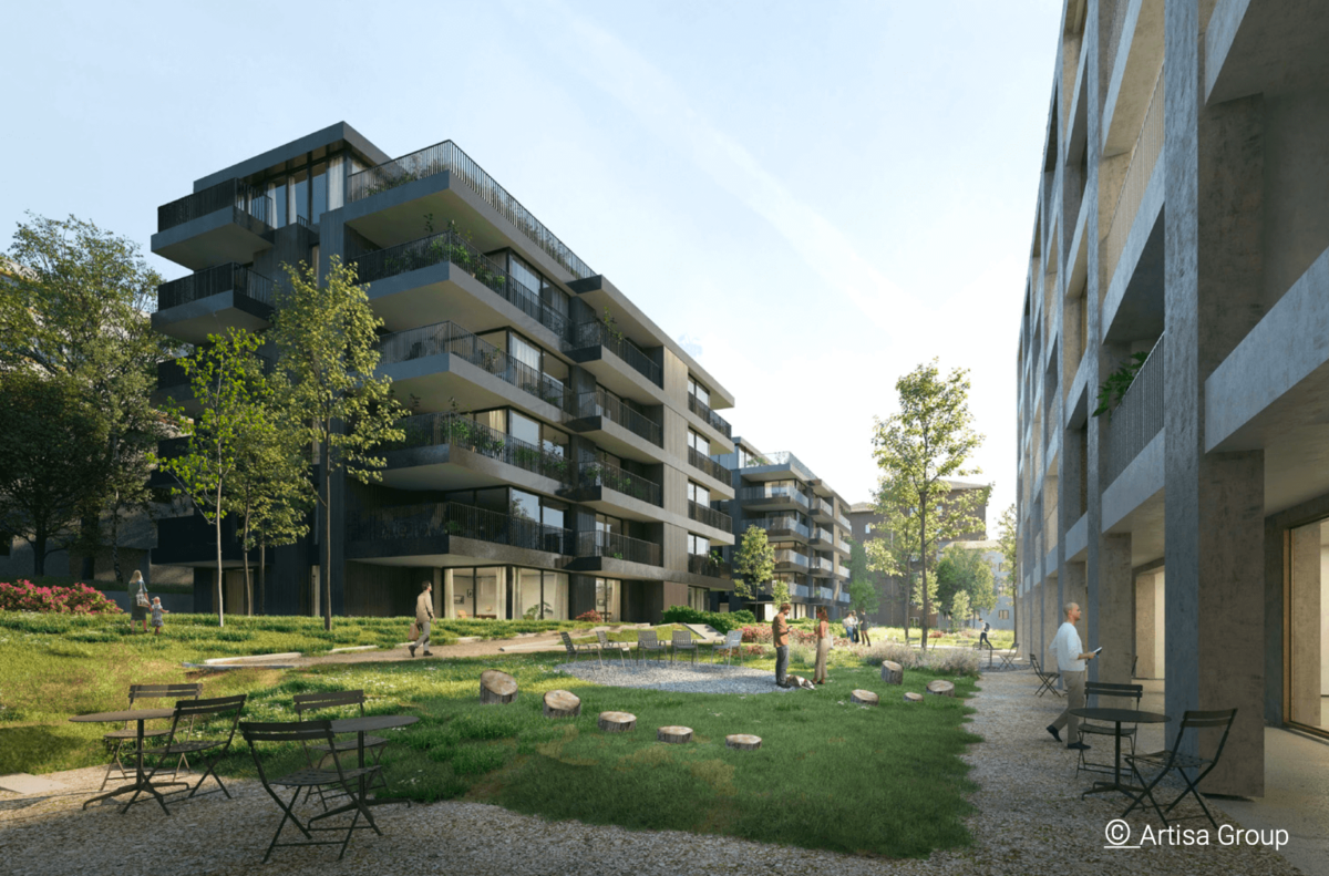 render, residential buildings with a sitting place and greenery in the middle