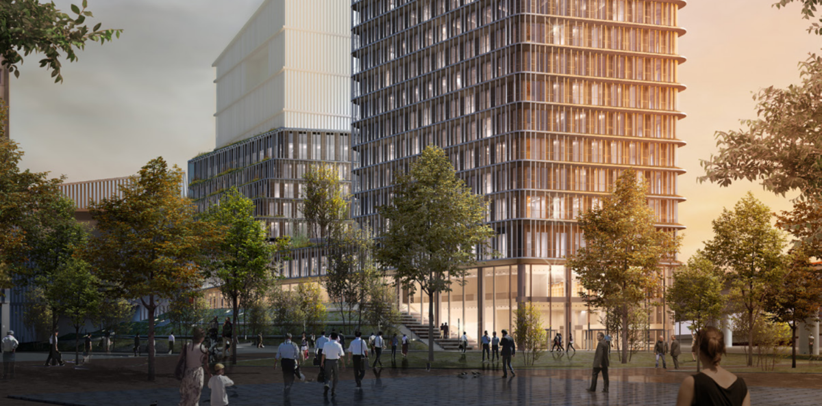 a virtual rendering of a square with people and trees at the base of a tower building