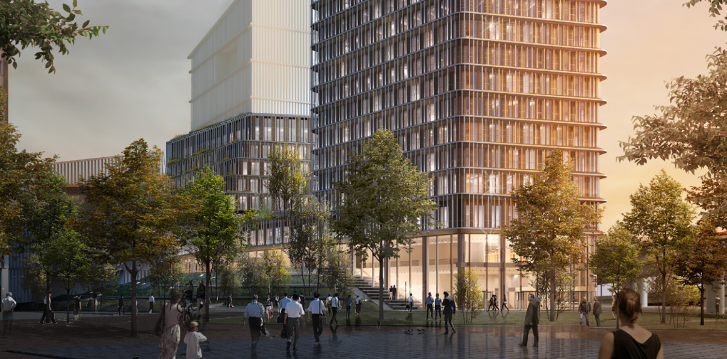 a virtual rendering of a square with people and trees at the base of a tower building