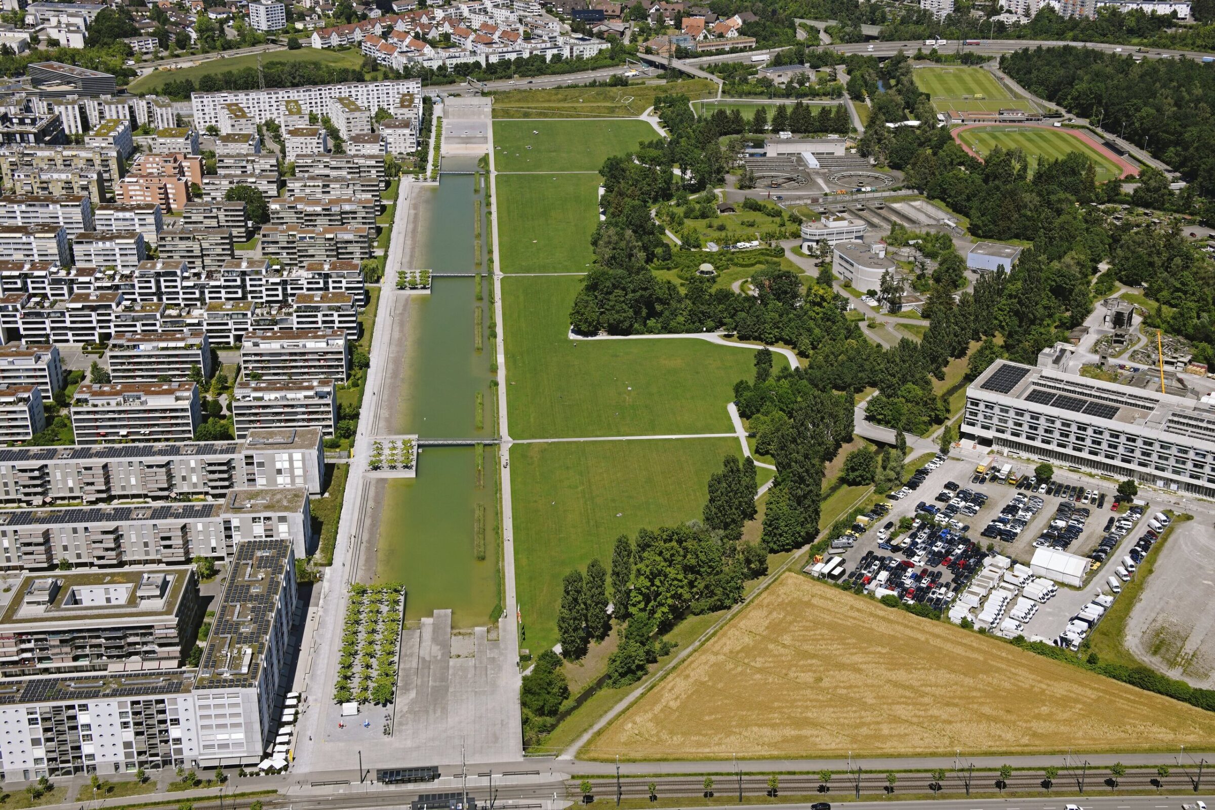 View from above of a city and a green area