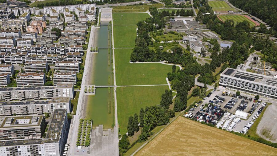 View from above of a city and a green area